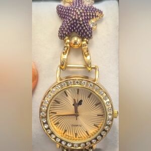 Unique WORKING Women's Purple Starfish Watch Stretch Band Gold Tone